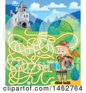 Clipart Of A Maze Of A Hiking Girl Reading A Map Near Castle Ruins Royalty Free Vector Illustration
