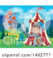 Poster, Art Print Of Happy Knight Emerging From A Tent On Castle Grounds