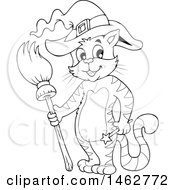 Poster, Art Print Of Black And White Witch Cat Holding A Broom