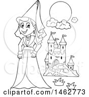 Clipart Of A Black And White Princess And Castle Royalty Free Vector Illustration