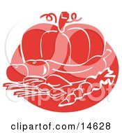 Food Still Life Of Beets Or Radishes A Carrot Eggplant Tomatoes And A Pumpkin Clipart Illustration
