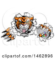 Poster, Art Print Of Tiger Mascot Shredding Through A Wall And Holding A Video Game Controller