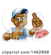 Poster, Art Print Of Cartoon Happy Black Male Plumber Holding A Plunger And Pointing