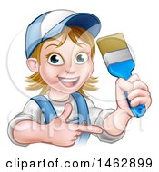 Poster, Art Print Of Cartoon Happy White Female Painter Holding Up A Brush And Pointing
