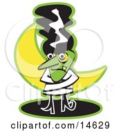 The Bride Of Frankenstein Standing In Front Of A Crescent Moon And Wearing A Straitjacket Clipart Illustration