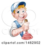 Poster, Art Print Of Cartoon Happy White Male Plumber Holding A Plunger Around A Sign