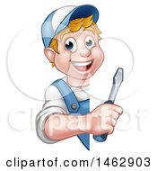 Poster, Art Print Of Cartoon Happy White Male Electrician Holding A Screwdriver Around A Sign