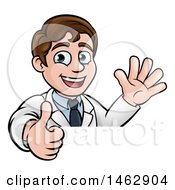 Clipart Of A Happy White Male Scientist Waving And Giving A Thumb Up Over A Sign Royalty Free Vector Illustration