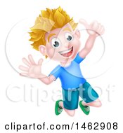 Poster, Art Print Of Cartoon Happy Excited Blond Caucasian Boy Jumping And Giving A Thumb Up
