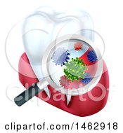 Clipart Of A 3d Magnifying Glass Discovering Germs Or Bacteria On A Tooth And Gums Royalty Free Vector Illustration by AtStockIllustration