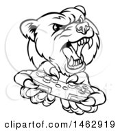 Poster, Art Print Of Black And White Mad Grizzly Bear Mascot Holding A Video Game Controller