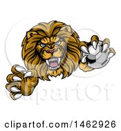 Poster, Art Print Of Tough Clawed Male Lion Monster Mascot Holding A Soccer Ball