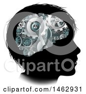Clipart Of A Black Silhouetted Boys Head With 3d Gear Cogs Visible In His Brain Royalty Free Vector Illustration