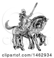 Poster, Art Print Of Black And White Etched Or Woodcut Medieval Knight On A Horse Holding A Sword And Shield