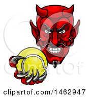 Clipart Of A Grinning Evil Red Devil Holding Out A Tennis Ball In A Clawed Hand Royalty Free Vector Illustration by AtStockIllustration