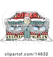 Retro Diner In Snow Decorated In Christmas Wreaths And Lights