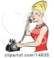Pretty Blond Woman With Tall Hair Wearing Pearls And A Red Dress And Talking On A Rotary Dial Landline Telephone
