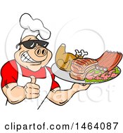 Happy Muscular Chef Pig Wearing A Hat And Sunglasses Holding A Thumb Up And A Plate Of Bbq Meats
