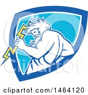 Retro Zeus Holding A Thunder Bolt In A White And Blue Shield