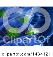 Clipart Of A Background Of 3d Dna Strands And Person Coughing With Viruses Royalty Free Illustration