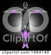 Clipart Of A 3d Anatomical Man With Glowing Joints Over Black Royalty Free Illustration