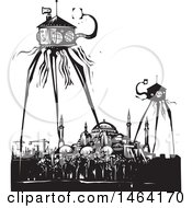 Poster, Art Print Of Steampunk Martian Tripod Robots Invading Istanbul Turkey Black And White Woodcut