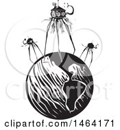 Clipart Of Steampunk Martian Tripod Robots Invading Planet Earth Black And White Woodcut Royalty Free Vector Illustration