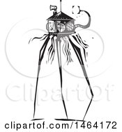 Clipart Of A Steampunk Martian Tripod Robot Black And White Woodcut Royalty Free Vector Illustration