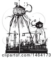 Poster, Art Print Of Steampunk Martian Tripod Robots Invading A Factory Black And White Woodcut
