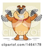 Clipart Of A Brown Bulldog Working Out With Dumbbells Over A Tan Square Royalty Free Vector Illustration
