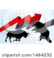 Clipart Of A Silhouetted Bear Vs Bull Stock Market Design With Arrows Over A Graph Royalty Free Vector Illustration by AtStockIllustration