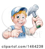 Clipart Of A Cartoon Happy White Male Carpenter Holding A Hammer And Pointing Royalty Free Vector Illustration