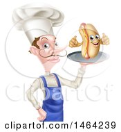 Clipart Of A White Male Chef With A Curling Mustache Holding A Hot Dog On A Platter Royalty Free Vector Illustration by AtStockIllustration