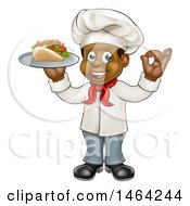 Full Length Cartoon Black Male Chef Holding A Souvlaki Kebab Sandwich On A Tray And Gesturing Perfect