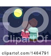 Poster, Art Print Of Rear View Of A Teenage Couple Sitting On A Roof And Looking At A Full Moon