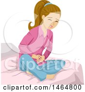 Clipart Of A Teenage Girl Sitting On A Bed And Suffering From Cramps Royalty Free Vector Illustration