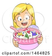 Clipart Of A Happy Blond White Girl Holding Out A Bowl Of Cereal With Math Letters Royalty Free Vector Illustration by BNP Design Studio