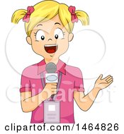 Poster, Art Print Of Blond White Reporter Girl Wearing An Id And Speaking Into A Microphone