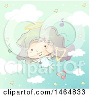 Poster, Art Print Of Sketched Angel Girl Flying With A Harp And Music Notes