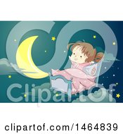 Clipart Of A Sketched Brunette White Girl Stretching In Bed Against A Night Sky Royalty Free Vector Illustration