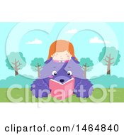 Clipart Of A Red Haired White Girl Resting On Too Of A Monster That Is Reading A Book Royalty Free Vector Illustration