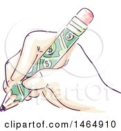 Clipart Of A Sketched Hand Writing With A Money Patterned Pencil Royalty Free Vector Illustration