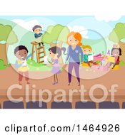 Clipart Of A Group Of School Children And Teacher Rehearsing A Play Royalty Free Vector Illustration