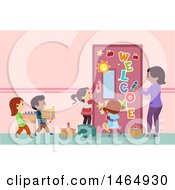 Poster, Art Print Of Group Of School Children And A Teacher Decorating A Class Room Door