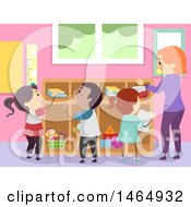 Clipart Of A Group Of School Children Helping A Teacher Organize Cubbies Royalty Free Vector Illustration