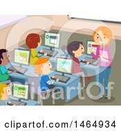 Clipart Of A Group Of School Children And A Teacher In A Computer Lab Royalty Free Vector Illustration