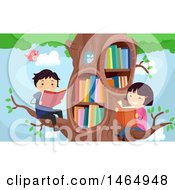 Poster, Art Print Of Group Of School Children Reading In A Library Tree