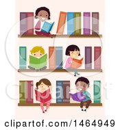 Poster, Art Print Of Group Of School Children Reading On Library Book Shelves