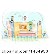 Clipart Of A Sketched Group Of School Children Playing On Giant Books Royalty Free Vector Illustration