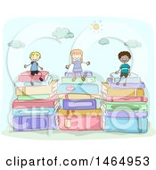 Clipart Of A Sketched Group Of School Children Sitting On Stacked Books Royalty Free Vector Illustration